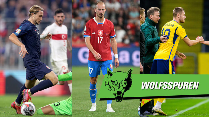 Eine VfL-Wolfsburg-Grafik mit Majer, Cerny und Svanberg im Trikot der Nationalmannschaft.