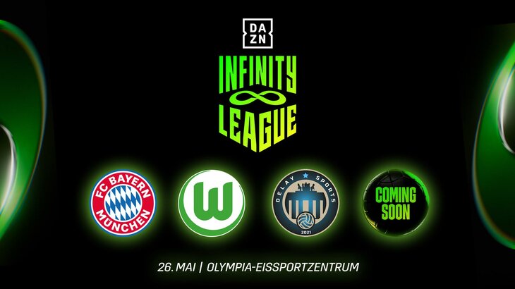 Eine Grafik zur Infinity-League mit Logos von Vereinen, inklusive dem VfL Wolfsburg.