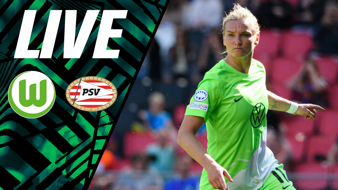 Eine Grafik, die auf das Testspiel der Wölfinnen gegen PSV Einhoven hinweißt. Auf dem Bild ist VfL-Wolfsburg-Spielerin Alexandra Popp zu sehen.