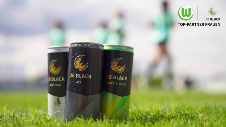 Getränkedosen von 28 Black als neuer Sponsoringpartner der VfL Wolfsburg Frauen.