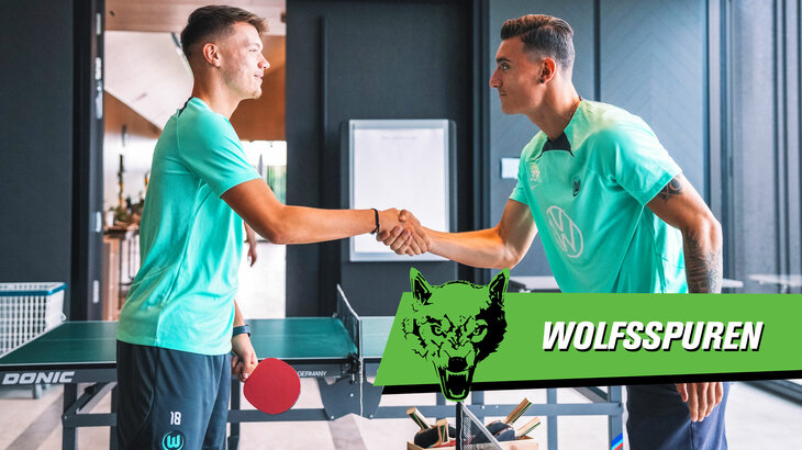 Eine Grafik vom VfL Wolfsburg: Die Wolfsspuren mit Dzenan Pejcinovic und Cedric Zesiger, welche sich vor einer Tischtennisplatte die Hand schütteln.