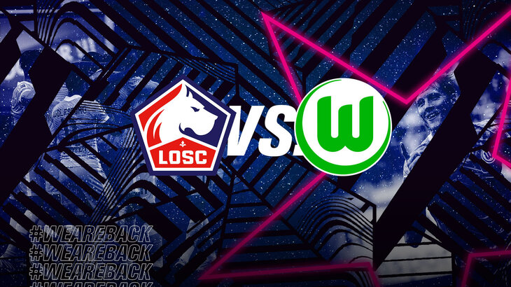 Eine Spieltagsgrafik mit den Logos von Lille und dem VfL Wolfsburg.