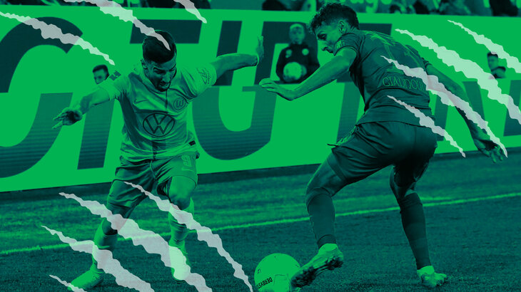 Eine VfL-Wolfsburg-Grafik mit Wolfsspuren und Mohammed Amoura.