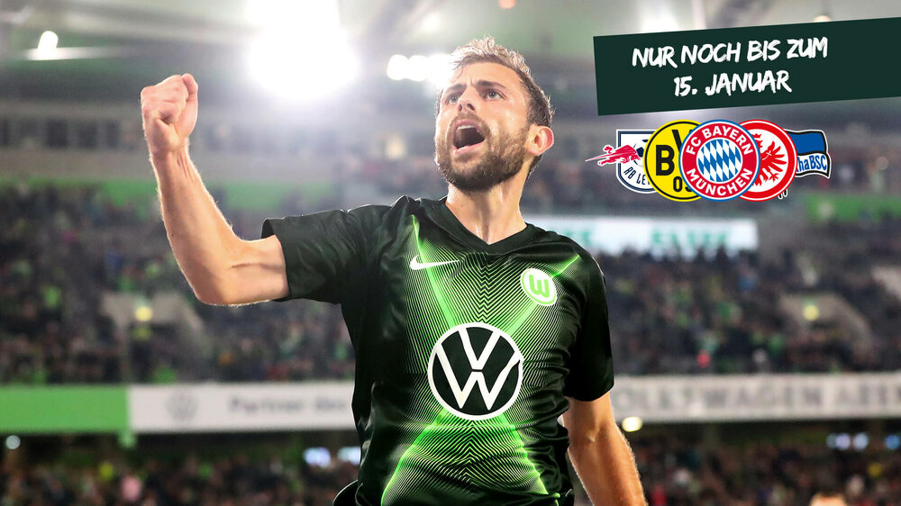 Motiv der Rückrunden-Dauerkarte des VfL Wolfsburg mit dem jubelnden Admir Mehmedi. 