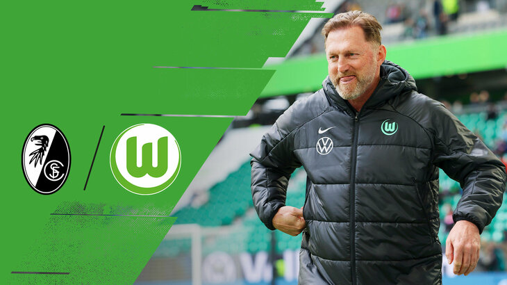 VfL-Wolfsburg-Trainer-Ralph Hasenhüttl daneben die Logos von Freiburg und Wolfsburg.