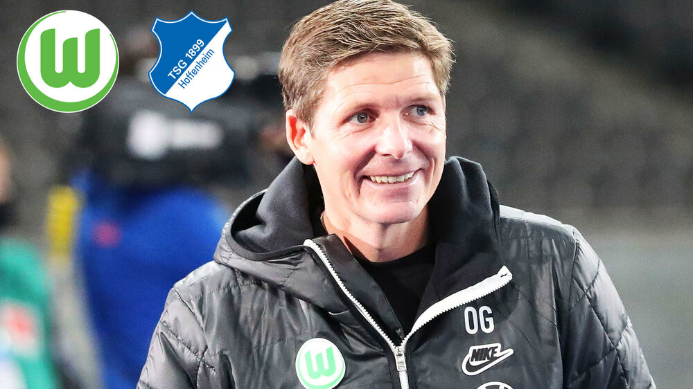 Oliver Glasner lächelnd - daneben die Logos vom VfL Wolfsburg und von der TSG Hoffenheim. 