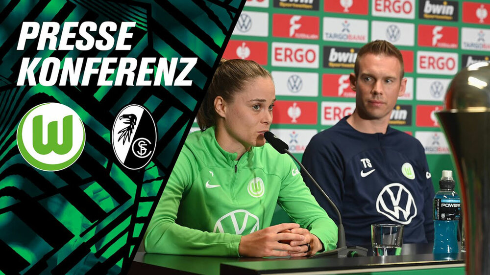 Eine VfL-Wolfsburg-Grafik zur Pressekonferenz mit Ewa Pajor und Tommy Stroot.