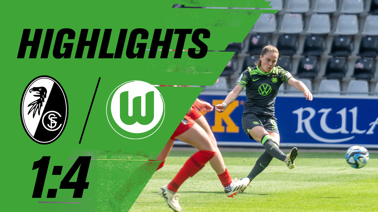 VfL-Wolfsburg-Spielerin Ewa Pajor schießt den Ball. Daneben ist der Schriftzug "Highlights", die Logos des SC Freiburgs und des VfL Wolfsburgs sowie das Endergebnis 1:4.
