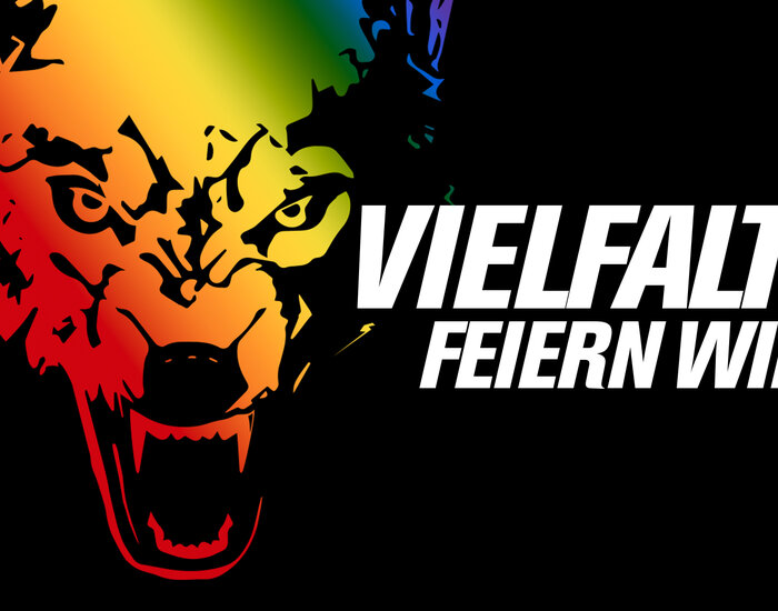 VfL Wolfsburg Vielfaltsbanner mit einen Wolfskopf in Regenbogenfarben.