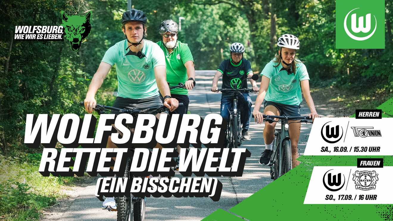 VfL-Wolfsburg-Grafik mit Wimmer und Endemann auf dem Fahrrad zum Klimaspieltag