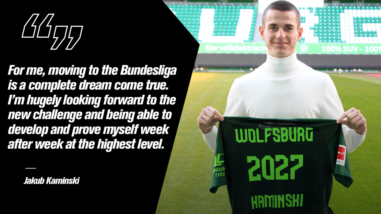 Grafik mit VfL Wolfsburg Spieler Kaminski, der bei seiner Vorstellung ein Trikot in die Kamera hält, daneben steht ein englisches Zitat von ihm.