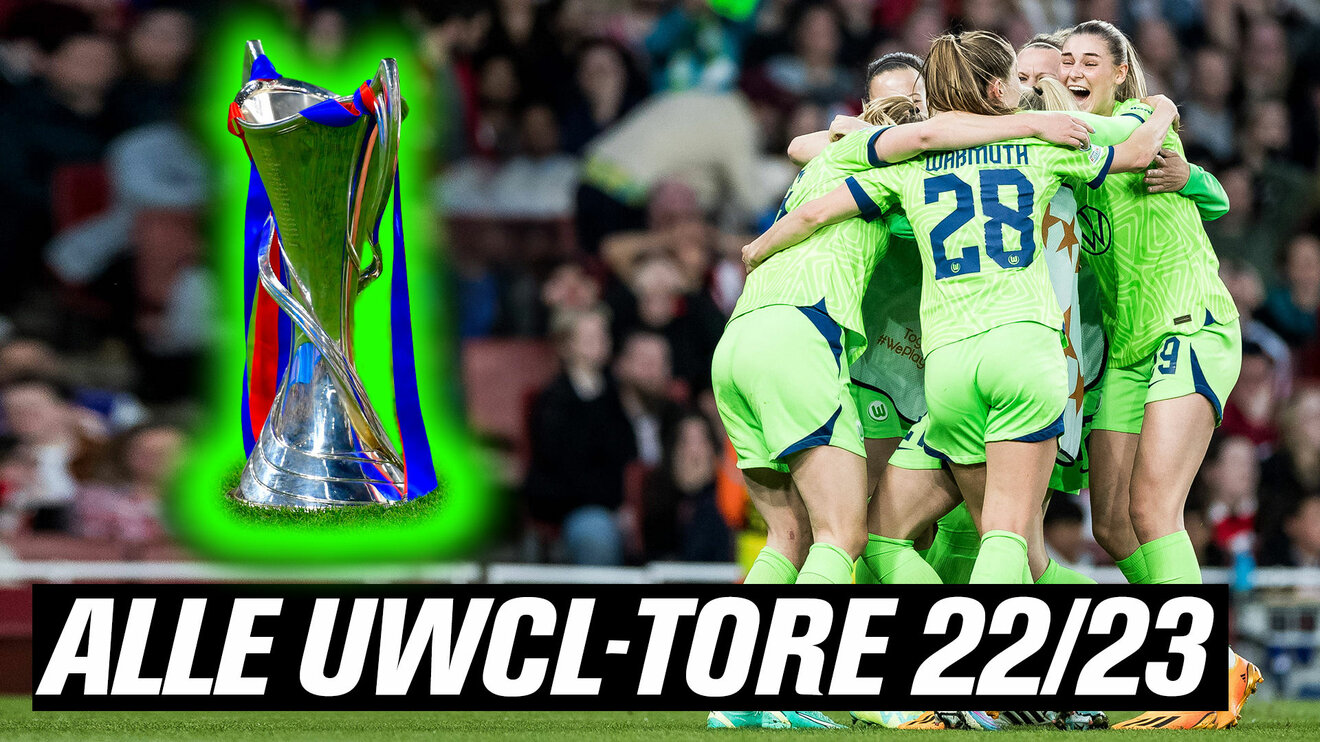 Die Wölfinnen des VfL Wolfsburg bilden einen Kreis und links im Bild befindet sich die UWCL-Trophäe. Auf dem Bild befindet sich die Aufschrift "Alle UWCL-Tore 2023".