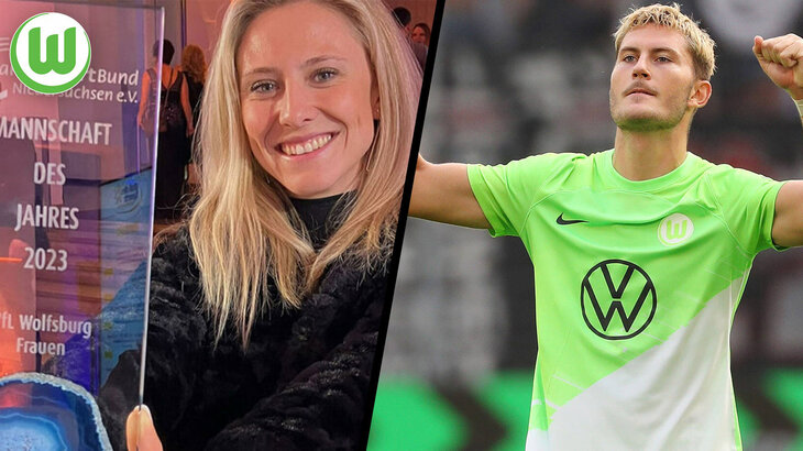 Rebecka Blomqvist lacht und hält einen Preis in den Händen. Daneben jubelt Jonas Wind im VfL-Wolfsburg-Trikot.