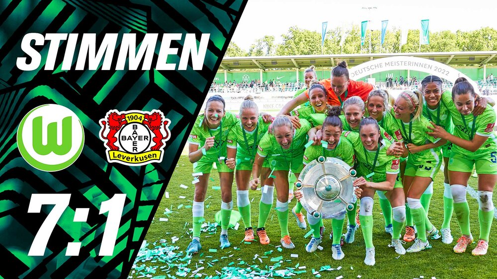 Eine Wölfe TV Grafik mit einem Feierfoto der VfL Wolfsburg Frauen. Links die Logos vom VfL Wolfsburg und Bayer Leverkusen.