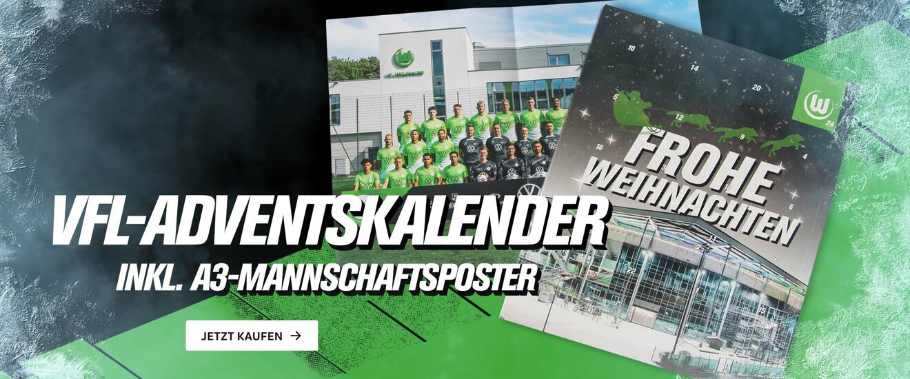 Grafik zum VfL Wolfsburg Adventskalender mit Mannschaftsposter.