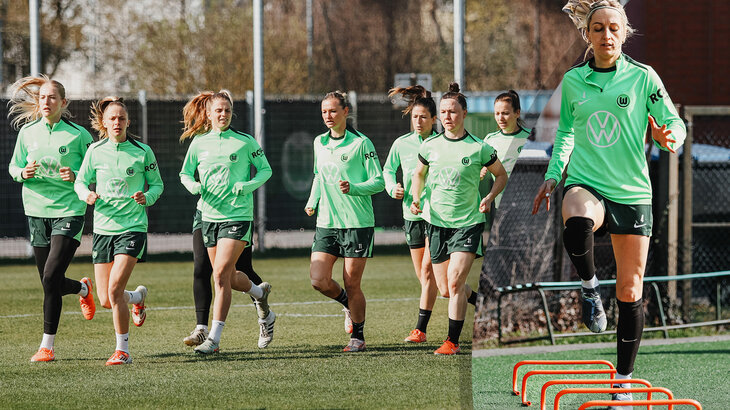 Eine VfL-Wolfsburg-Grafik zum Training der Wölfinnen. Links laufen Spielerinnen, rechts macht Kathy Hendrich eine Übung.