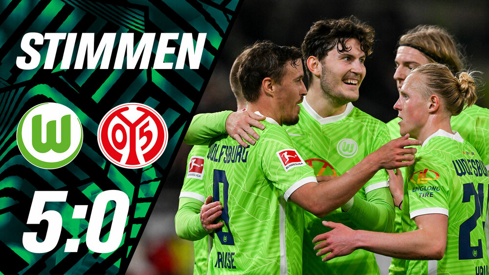 Eine Grafik, in der links die Logos vom VfL Wolfsburg und Mainz 05 und rechts die jubelnden VfL-Spieler zu sehen sind.