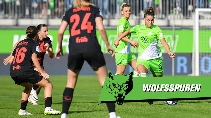 Ein Bild von VfL-Wolfsburg-Spielerin Lena Oberdorf im Bundesligaspiel wird durch eine Grafik unten rechts ergänzt.