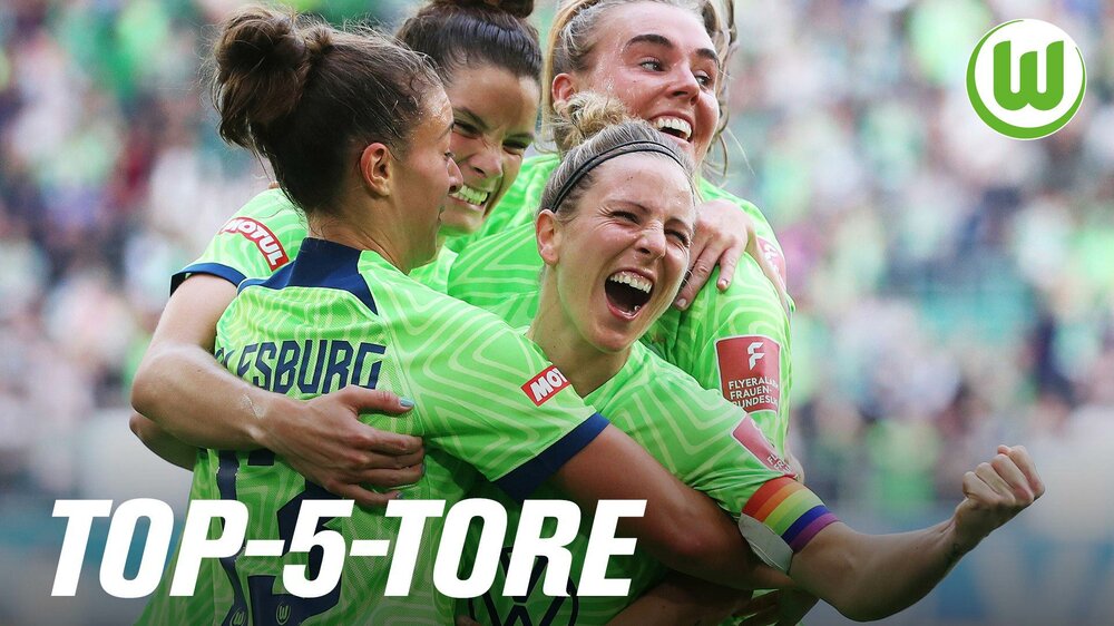 Die Frauen des VfL Wolfsburg jubeln, davor befindet sich der Schriftzug "Top-5-Tore".