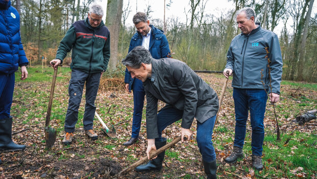 VfL GEschäftsführer Meeske steht von 3 Männern umgeben im Wald und macht einen Spatenstich.