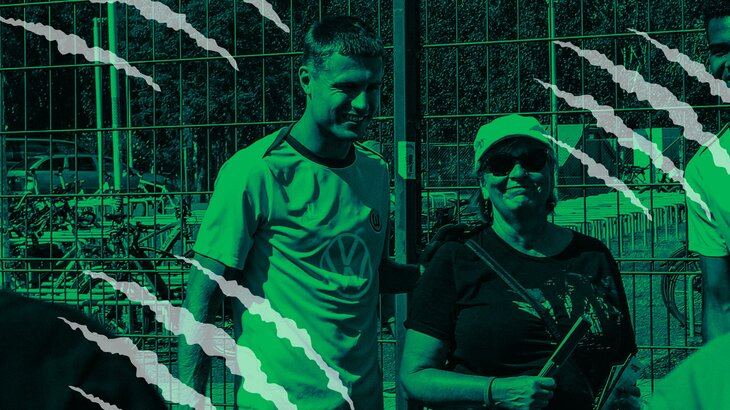Eine VfL-Wolfsburg-Grafik mit Wolfsspuren und Mattias Svanberg.