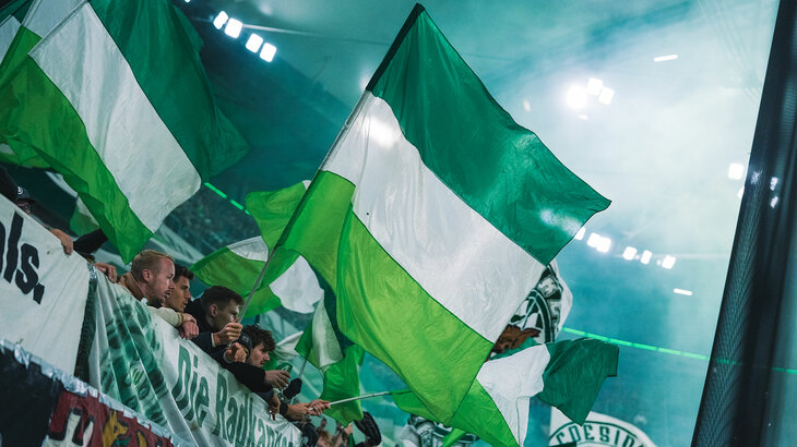 Fans des VfL Wolfsburg schwenken grün-weiße Fahnen auf der Tribüne.