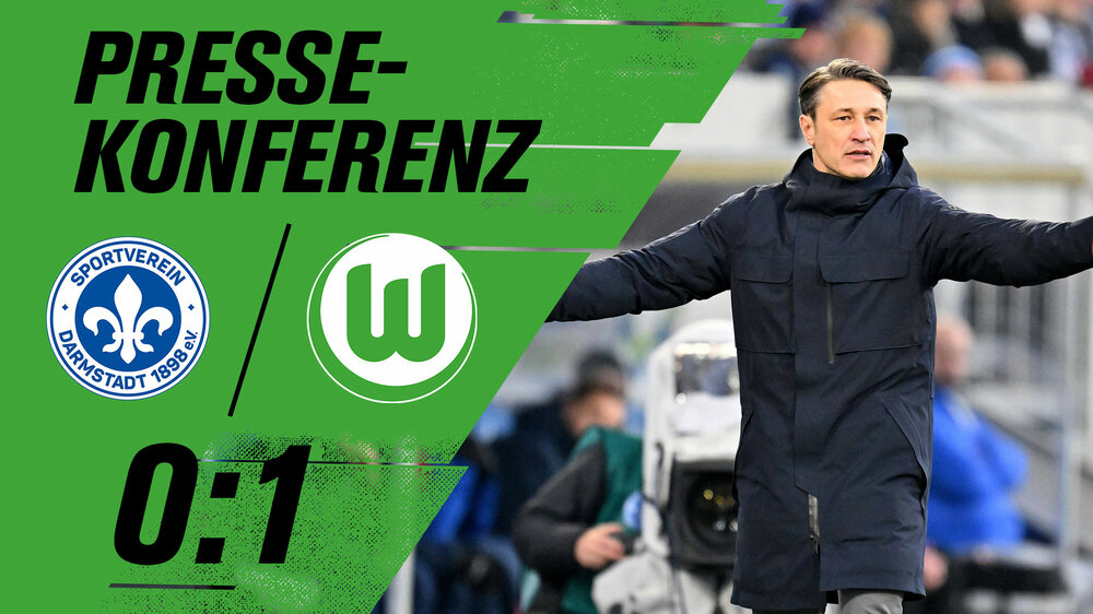 Pressekonferenz - Logos SV Darmstadt 98 und VfL Wolfsburg mit dem Ergebnis 0:1. Niko Kovac gibt seinem Team Anweisungen.
