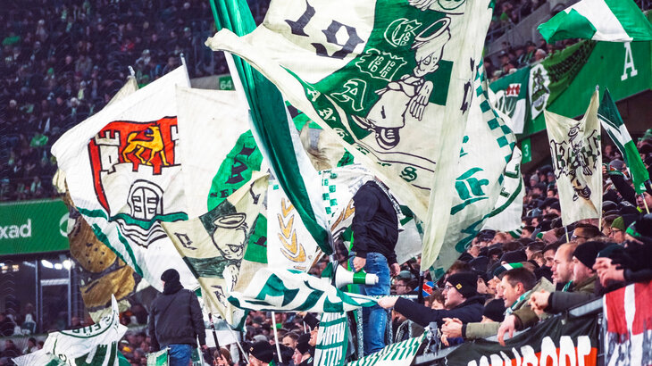Fans des VfL Wolfsburg schwenken Fahnen.