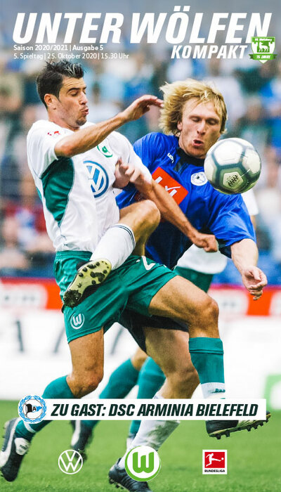 Cover der Wölfe Kompakt Ausgabe zum Spiel des VfL Wolfsburg gegen DSC Arminia Bielefeld.