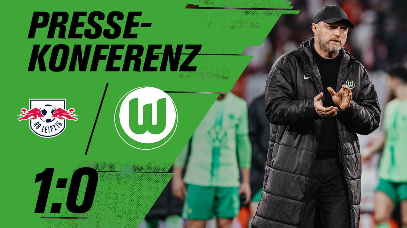 Eine VfL-Wolfsburg-Grafik zur Pressekonferenz nach Leipzig mit den Logos, dem Ergebnis und Trainer Ralph Hasenhüttl.