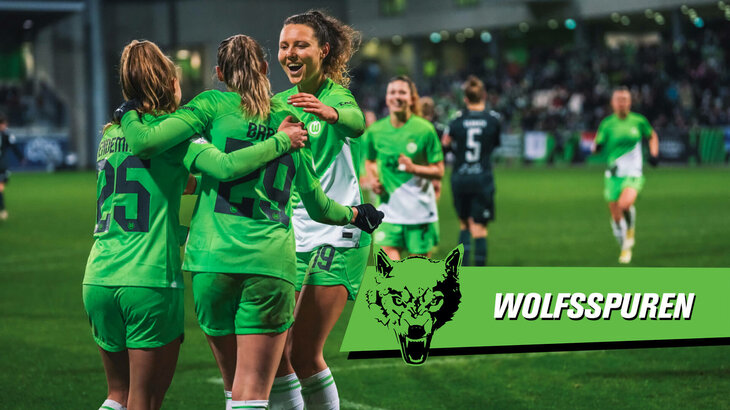 Fenna Kalma, Jule Brand und Joelle Wedemeyer vom VfL Wolfsburg laufen sich in die Arme.