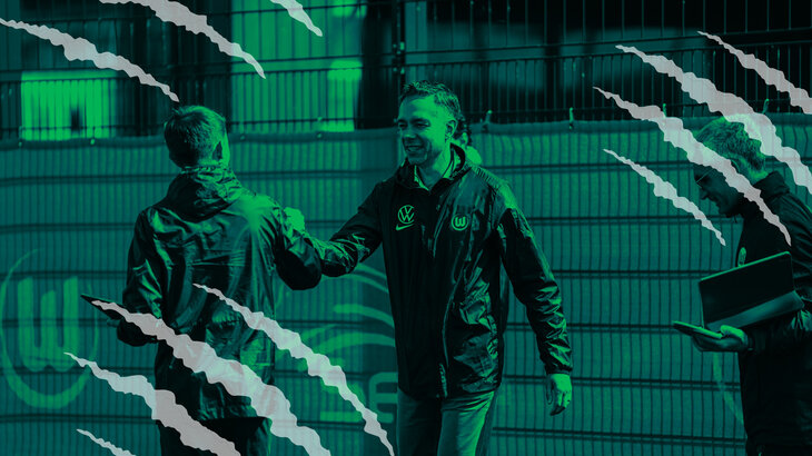Eine Wölfe-Grafik zu den Wolfsspuren. Die Grafik ist mit grünem Filter und mit Kratzspuren. Im Hintergrund sieht man Aufsichtsratchef Sebastian Rudolph.