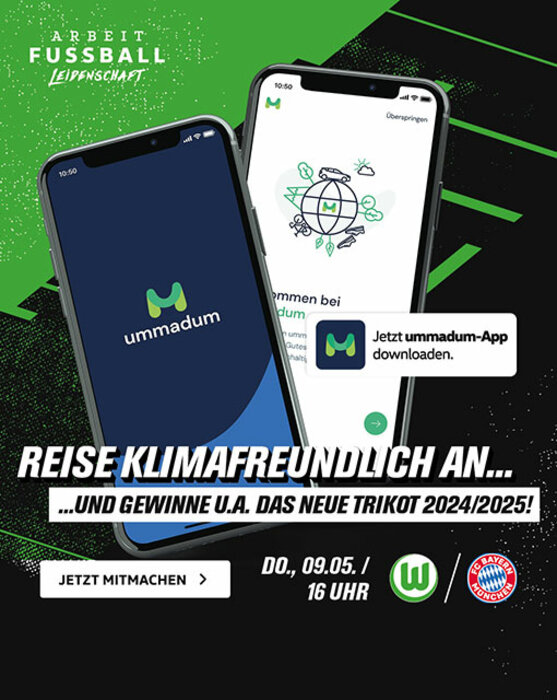 Zwei Handys, auf denen die Ummadum-App geöffnet ist, darunter der Schriftzug "Reise klimafreundlich an und gewinne u.a. das neue Trikot der Saison 2024/2025, sowie die Logos des VfL Wolfsburg und des FC Bayern München.