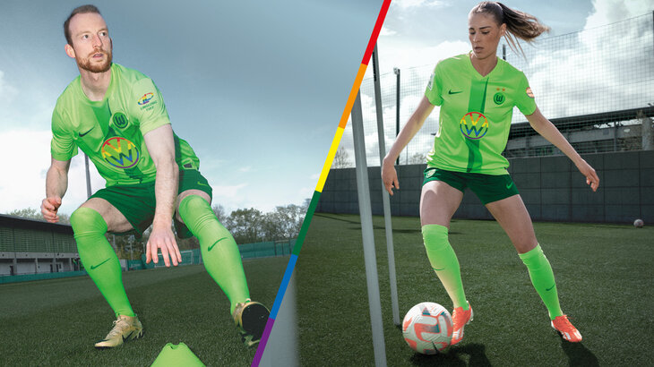 VfL-Spieler Maximilian Arnold und Jule Brand tragen das Vielfaltstrikot 2025 während sie trainieren.