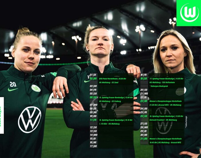 Desktopkalender mit den Terminen der Frauen des VfL-Wolfsburg für März.