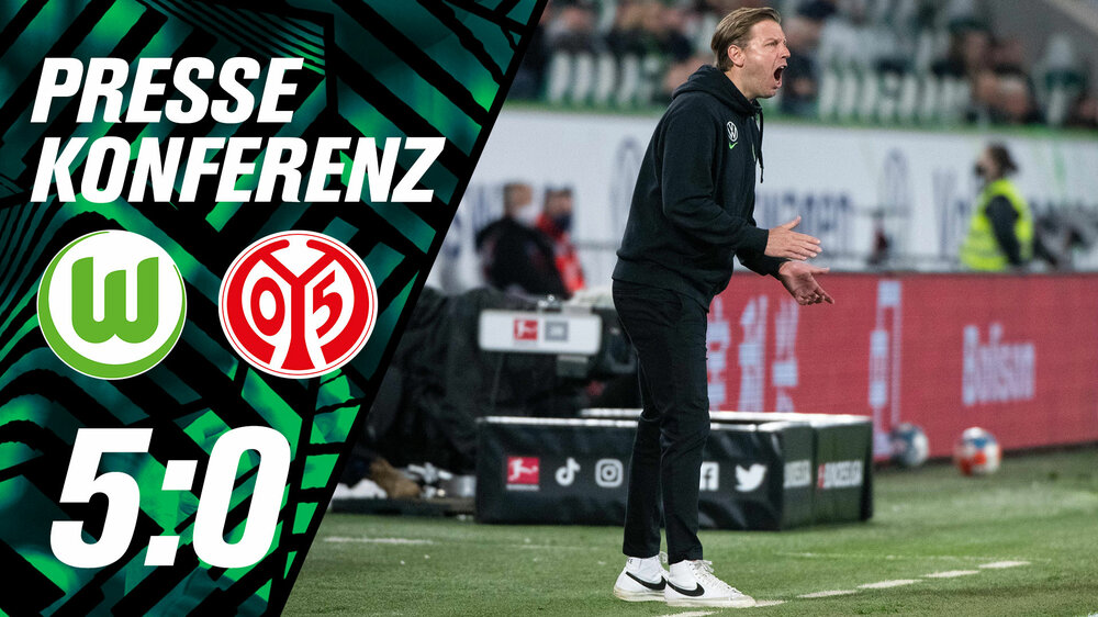 Eine Spieltagsgrafik mit den Logos vom VfL Wolfsburg und Mainz 05. Rechts im Bild Florian Kohfeldt.