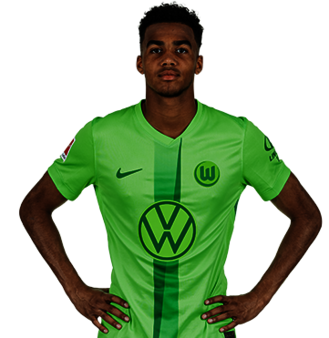 Der VfL Wolfsburg Spieler David Odogu posiert mit den Händen in der Hüfte.