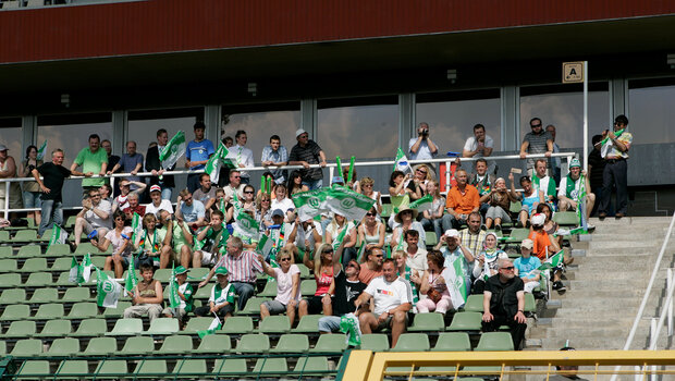 Die VfL-Wolfsburg-Fans sitzen beim Pokalfinale 2007 sitzen im Stadion.