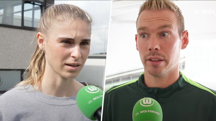 VfL-Wolfsburg-Spielerin Jule Brand und Trainer Tommy Stroot am Mikrofon.