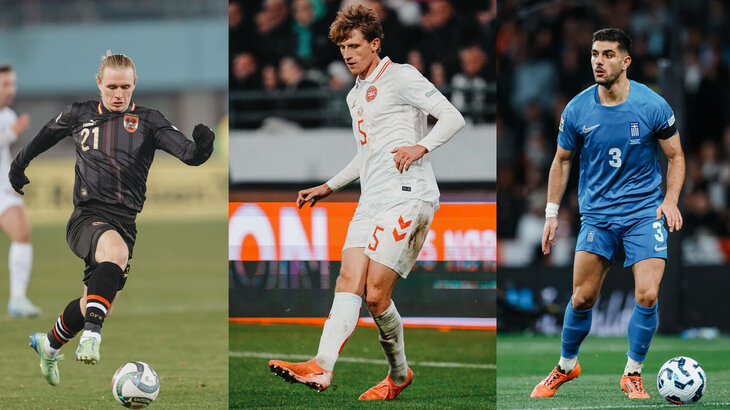 Die VfL-Wolfsburg-Spieler Wimmer, Roeslov und Koulierakis im Trikot der Nationalmannschaft.