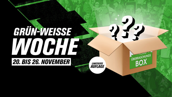 Eine VfL Wolfsburg Grafik zur "Grün-Weißen Woche" mit einem Paket, aus dem Fragezeichen raus kommen.