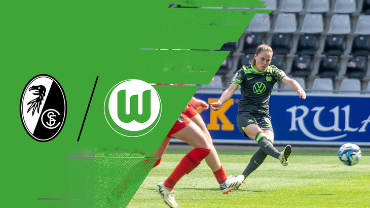 VfL-Wolfsburg-Spielerin Ewa Pajor schießt den Ball. Daneben die Logos des SC Freiburgs und des VfL Wolfsburgs.