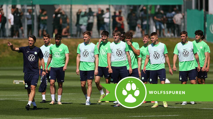 Die Männer des VfL Wolfsburg betreten mit Cheftrainer Niko Kovac den Trainingsplatz.