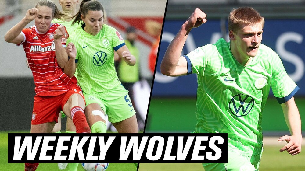 Weekly Wolves: Zweikampf im Frauenfußball zwischen Spielerinnen des VfL Wolfsburg und FC Bayern München sowie ein jubelnder Spieler der U17 des VfL Wolfsburg.