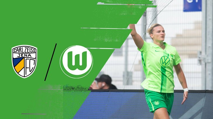Alexandra Popp hebt die Hand. Daneben die Wappen des VfL Wolfsburg und des FC Carl Zeiss Jena.