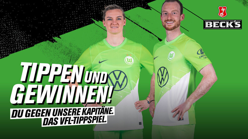 Eine Grafik zum Bewerben des VfL-Wolfsburg-Tippspiel mit den beiden Teamkapitänen Alexandra Popp und Maximilian Arnold.