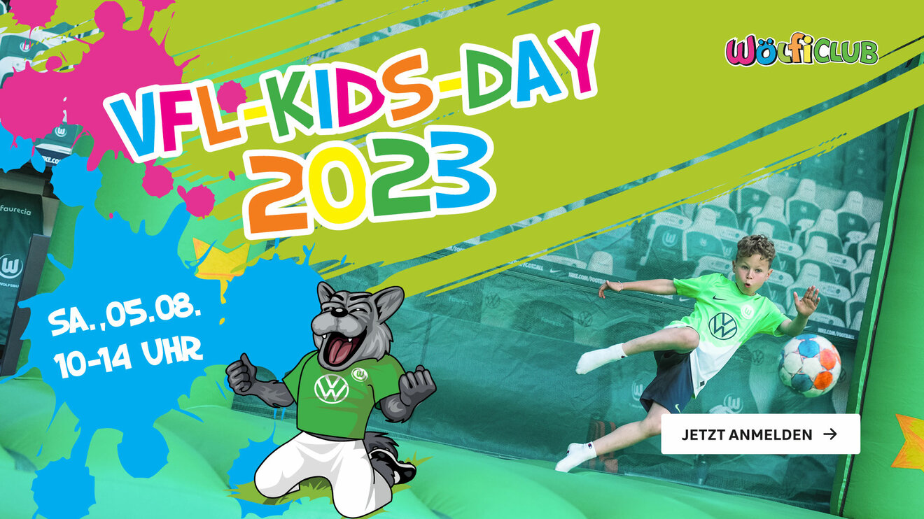 Grafik zum VfL-Kids-Day mit Wölfi und bunten Farben.