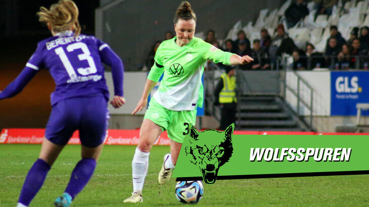 Eine VfL-Wolfsburg-Grafik mit der Aufschrift "Wolfsspuren", auf der Marina Hegering abgebildet ist.