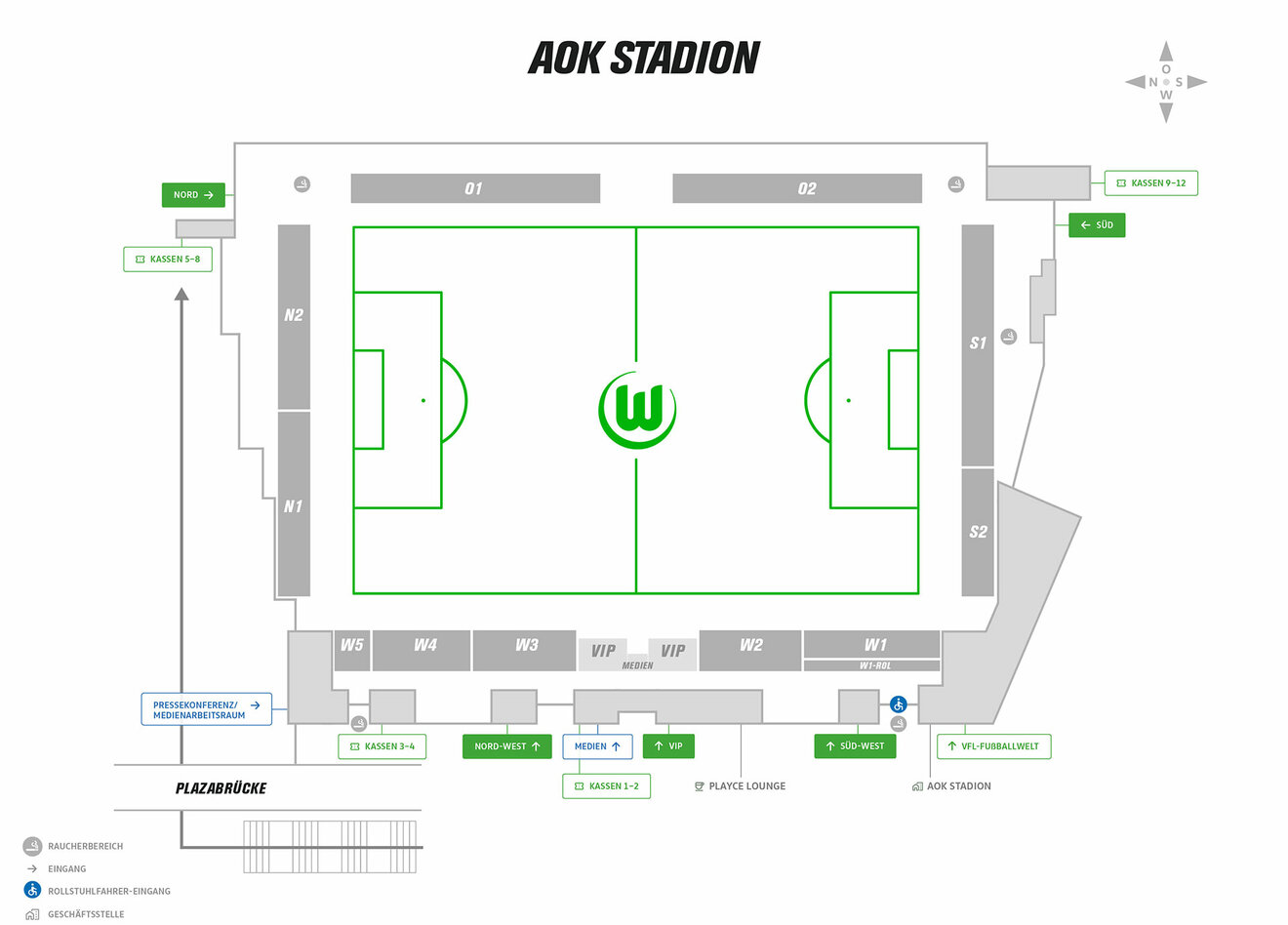 Das Bild zeigt den Stadionplan des AOK Stadions beim VfL Wolfsburg inklusive der Tribünenbezeichnungen und der Kassen bzw. Eingänge.