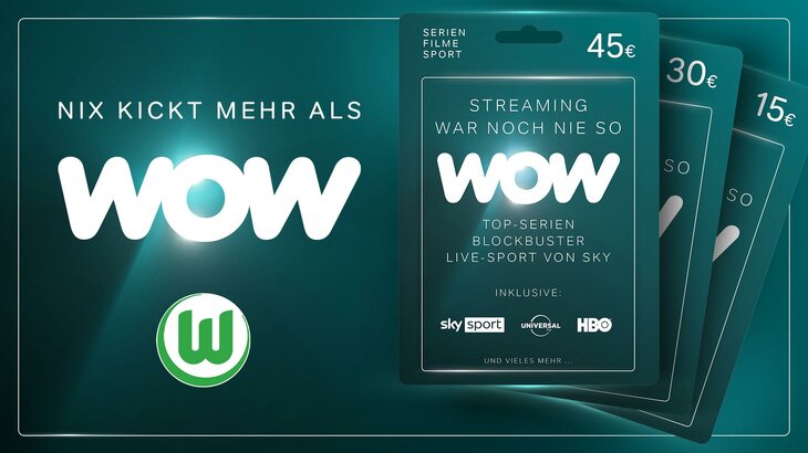 Gutscheine des Streaminganbieters WOW mit dem Logo des VfL Wolfsburg.